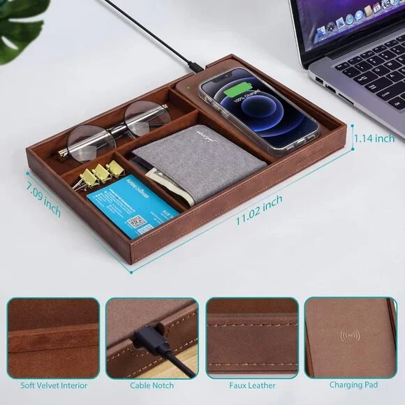 Valet Tray, Built in Wireless Charging Pad, Nightstand Organizer, Dresser Organi